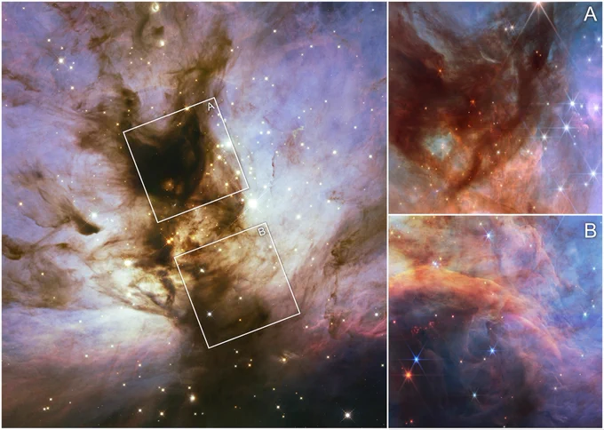 A collage of three near-infrared images showing a dusty nebula. The left two-thirds of the collage is taken up by a Hubble image of the nebula. The remaining third is taken up by two Webb images, one atop the other. The Hubble image has a pillar of dense brown dust running through the nebula at a diagonal from 5 o’clock to 11 o’clock. Wispy plumes appear to fly off from the pillar toward the sides amid blue clouds of the same material, which are whiter near the pillar. There are many white stars spread throughout. Two separate, white squares, tilted about 30 degrees, outline two areas in the pillar. The upper square has the letter “A” to the top right, while the lower square is marked by the letter “B”. These labels correspond to the two, magnified images of the nebula at right, with the top image also labeled “A” and the bottom image labeled “B”. Both images contain a mixture of reds, blues and browns, and show red, blue, and white stars.