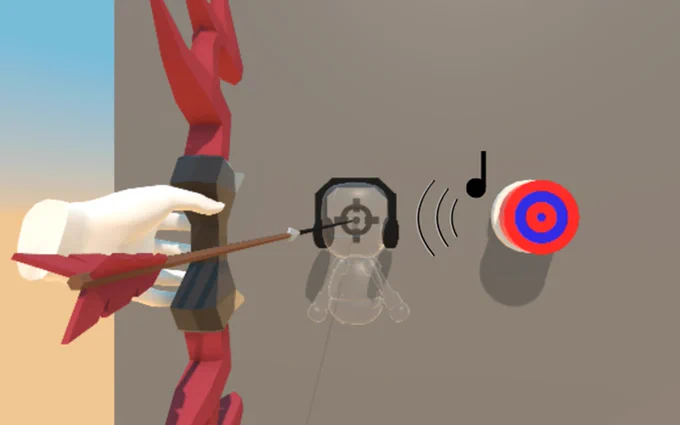 The image shows a user aiming the virtual crossbow a little to the left of a distant target within the virtual environment. The user's head is represented around the reticle on the same horizontal plane as the target. The user will perceive the target position listening to their headphones for the target's sound cue (in this case, on the right side) according to where they are aiming the controller with the reticle.