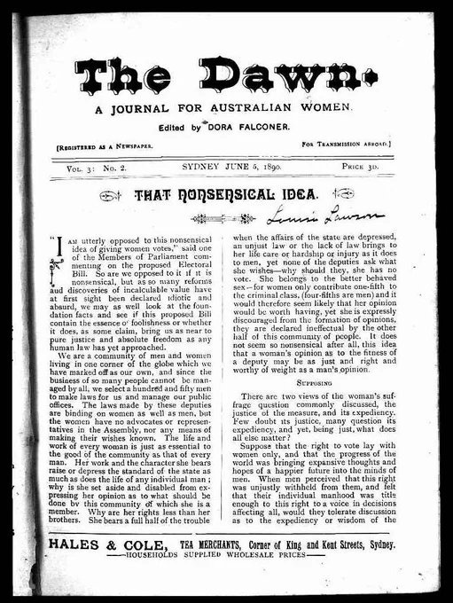 📷 'That nonsensical idea' (June 5 1890), National Library of Australia (Trove)

Front page of The Dawn journal (vol 3, no 2; Sydney June 5, 1890). The title of the article is 'That nonsensical idea'. The text that follows can be found on the LDaCA portal in the link.