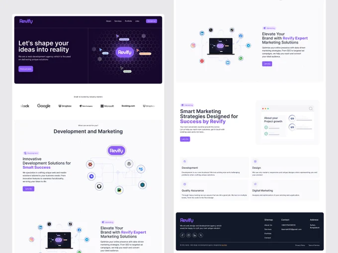 Hey Dribbble X! Excited to share this sleek and modern UI/UX design for Revify, a web development agency that turns ideas into reality! This design blends a dark, futuristic aesthetic with clean typography and engaging visuals to create a professional yet inviting experience.

✨ Key Highlights:

Bold & Impactful Hero Section – A strong introduction with a catchy headline and eye-catching visuals to immediately grab attention.

Service Showcase – A well-structured layout that highlights both development and marketing solutions with a smooth flow.

Trust-Building Elements – Featuring well-known brands to enhance credibility and build confidence among visitors.

Seamless Navigation & UX – An intuitive structure ensuring users find exactly what they need without friction.

Conversion-Focused Approach: Clear, strategically placed CTAs that guide visitors towards action.

The goal was to create a modern, engaging, and highly functional website experience that reflects Revify’s expertise i