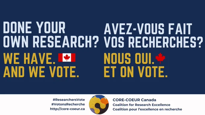 A rectangular image with navy blue background and bilingual text in all caps coloured pale blue, white, yellow, which reads: Have you done your own research? We have. And we vote.
A white footer includes the logo for CORE-COEUR Coalition for Research Excellence, Coalition pour l'excellence en recherche, a multicoloured mosaic with a partial orange heart and a partial blue heart.

Une image rectangulaire avec un fond bleu marine et un texte en majuscules coloré en bleu pâle, blanc, jaune, qui se lit comme suit : 
Avez-vous fait vos recherches? 
Nous oui. Et on vote.

Un pied de page blanc comprend le logo de CORE-COEUR Coalition for Research Excellence, Coalition pour l'excellence en recherche: un cercle de mosaïque multicolore avec un cœur partiel orange et un cœur partiel bleu

