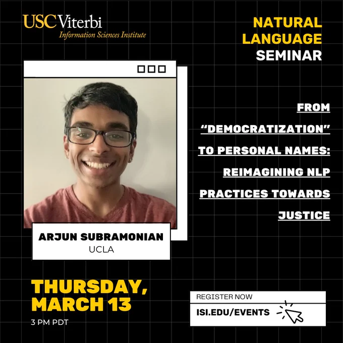 Announcement for NL seminar featuring Arjun Subramonian