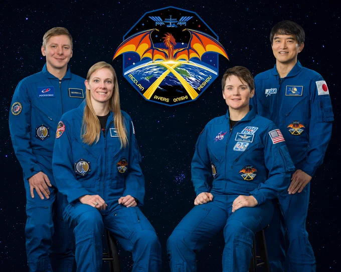jsc2024e077921 (Oct. 10, 2024) --- The official portrait of NASA's SpaceX Crew-10 members with (from left) Mission Specialist Kirill Peskov of Roscosmos; Pilot Nicole Ayers and Commander Anne McClain, both NASA astronauts; and Mission Specialist Takuya Onishi from JAXA (Japan Aerospace Exploration Agency). Credit: NASA/Bill Stafford/Helen Arase Vargas 