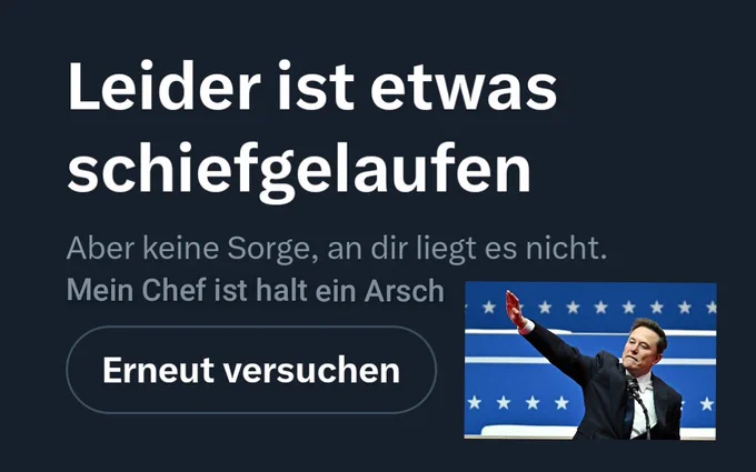 Das Bild zeigt einen Screenshot von einer Fehlermeldung auf Deutsch.  Die Meldung lautet: "Leider ist etwas schiefgelaufen. Aber keine Sorge, an dir liegt es nicht. Mein Chef ist halt ein Arsch." Darunter befindet sich ein Button mit der Aufschrift "Erneut versuchen".  Neben dem Text ist ein Bild von Elon Musk zu sehen, der mit erhobenem Arm in einer Art Grußgeste zu sehen ist. Das Bild ist offensichtlich satirisch und soll den Fehler auf die Führungskraft (Elon Musk) schieben, nicht auf den Benutzer.
