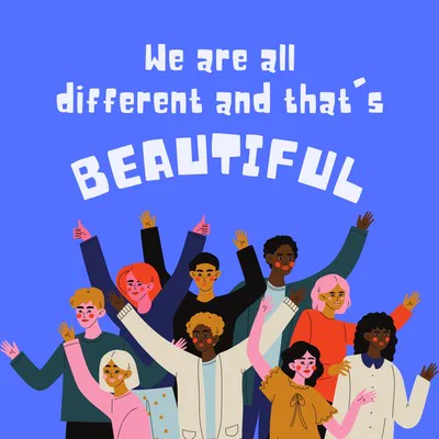 An image featuring a diverse group of people from different nationalities, smiling and standing together. The text says: 'We are all different and that's beautiful,' emphasizing unity and the beauty of diversity.
