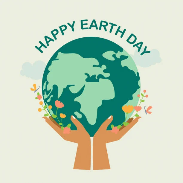 An image featuring the Earth with green and blue tones, surrounded by symbols of sustainability like recycling, trees, and water droplets. The text reads: ‘’Happy earth day’’
