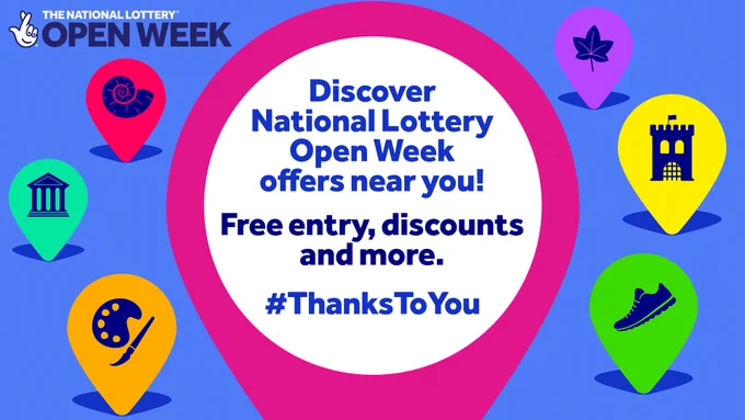 A graphic with brightly coloured location pins, all showing different symbols, such as a paintbrush and easel, a running shoe, a leaf and a colosseum. In the middle of the image is a large location pin, with text overlayed inside it that reads, 'Discover National Lottery Open Week offers near you! Free entry, discounts and more. #ThanksToYou'