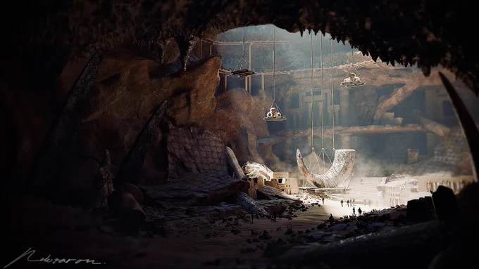 This image appears to depict a large-scale excavation site inside a massive cavern. The atmosphere is dark and moody, with light streaming in from an unseen source, illuminating a central area where workers are actively engaged in uncovering what looks like an ancient fossilized structure or artifact.