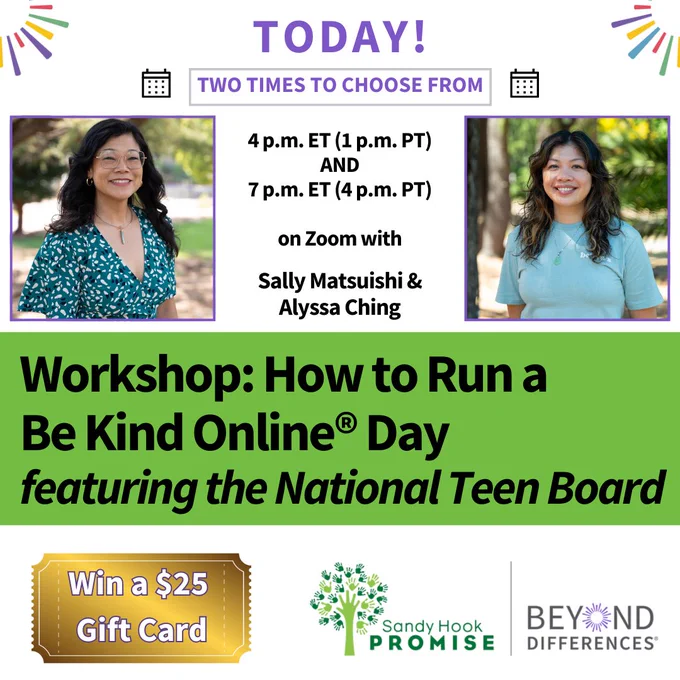 Promotional image for an online Be Kind Day Workshop featuring the National Gifting Board. Includes two sessions hosted by Sally Matsuishi and Alyssa Ching at 4 p.m. ET. Participants have a chance to win a $25 gift card.
