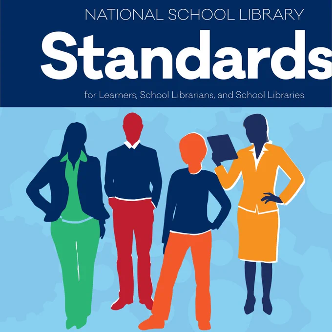 Graphic for National School Library Standards featuring four stylized silhouettes of professionals in various poses on a blue background.