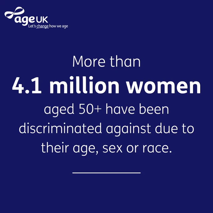 Age UK promotional image stating that more than 4.1 million individuals aged 50  have faced discrimination due to their age, sex, or race.