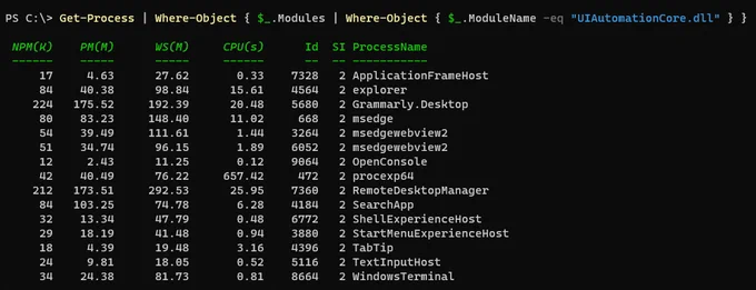 Get-Process | Where-Object { $_.Modules | Where-Object { $_.ModuleName -eq "UIAutomationCore.dll" } }