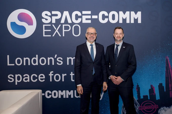ESA Director General, Dr Josef Aschbacher and UK Space Agency CEO Dr Paul Bate at Space-Comm Expo in London.