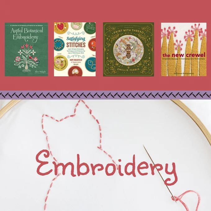 A flat lay image featuring an embroidery hoop with a partially stitched cat outline. Below the hoop, the word "Embroidery" is prominently displayed in a decorative font. Above, four embroidery book covers are arranged: “Botanical Embroidery,” “Satisfying Stitches,” “Paint With Thread,” and “The New Crewel.” The background is a soft red color.