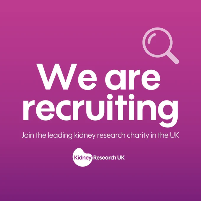 Promotional image stating 'We are recruiting' for Kidney Research UK, the leading kidney research charity in the UK, set against a purple background.