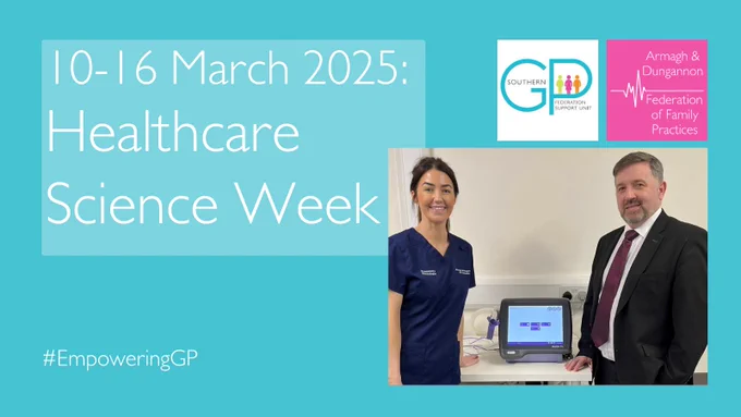 10-16 March 2025:
Healthcare Science Week
Southern GP Federation Support Unit
Armagh & Dungannon Federation of Family Practices
#EmpoweringGP
Picture of Armagh & Dungannon GP Federation Healthcare Scientist, Melissa Traynor, with Robin Swann at the launch of the mobile advanced lung function testing service in May 2024.

