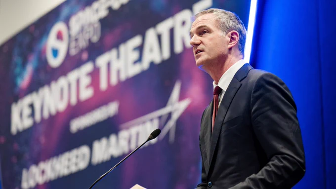 Secretary of State, Peter Kyle, delivering his keynote address at the Space Comms Expo. 