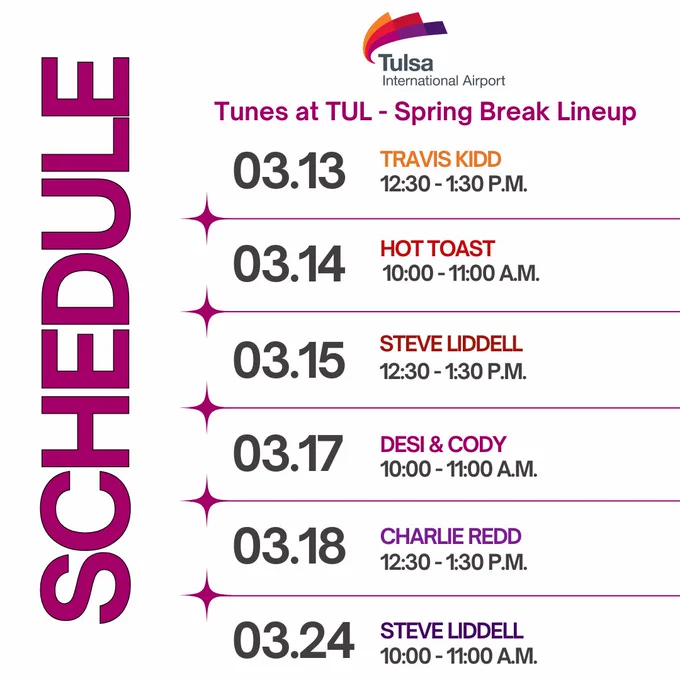 Graphic that shows the Tunes at TUL live music performance schedule for Spring Break, which can be found at https://flytulsa.com/travel/amenities/tunes-at-tul/
