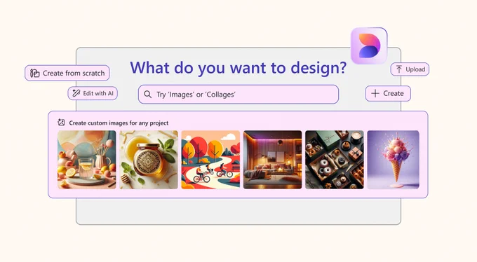 A screenshot of Microsoft Designer's interface with a search bar that asks, "What do you want to design?" Users can enter a prompt like "Images" or "Collages." Buttons for "Create from scratch," "Edit with AI," "Upload," and "Create" are visible. Below the search bar, a section titled "Create custom images for any project" displays a carousel of colorful AI-generated images. The Microsoft Designer logo is positioned in the top right corner.