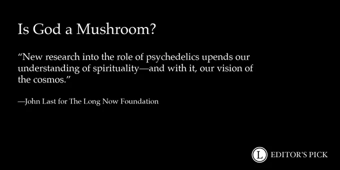 Headline: Is God a Mushroom? 
 
Dek: New research into the role of psychedelics upends our understanding of spirituality — and with it, our vision of the cosmos. 

Tagline: John Last for The Long Now Foundation

A logo in the bottom right reads “Longreads Editor’s Pick”
