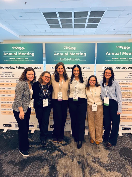 Six people stand together in front of banners advertising the 2025 CREOG APGO Annual Meeting.