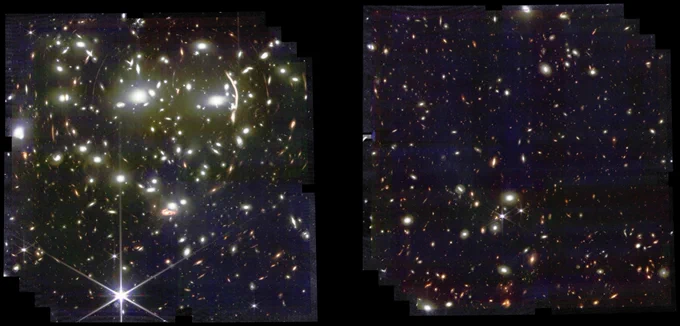 Wide-field view of the galaxy cluster Abell 370 captured by NIRCam. The image is split into two panels, each filled with a dense population of galaxies appearing as small, bright points of light against a dark background. Some galaxies show distinct spiral structures and lensing effects.