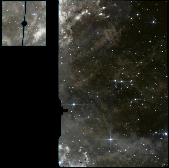  Mid-infrared view of a region in the LMC from MIRI. The image is composed of a small square image on the left and a larger rectangular image on the right, both revealing detailed structures of gas and dust clouds with embedded stars.