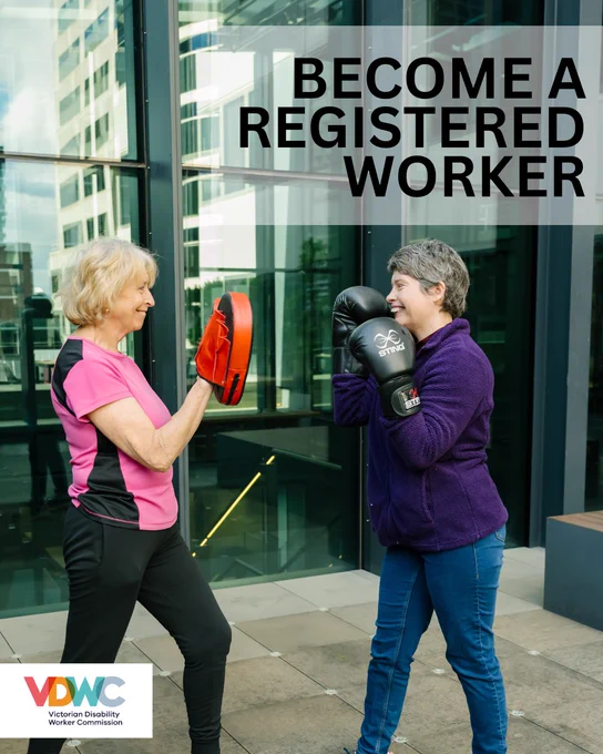 A person wearing a purple jacket and jeans wearing boxing gloves, exercising with another person in a pink top using boxing pads. A heading that says 'Become a registered worker'.