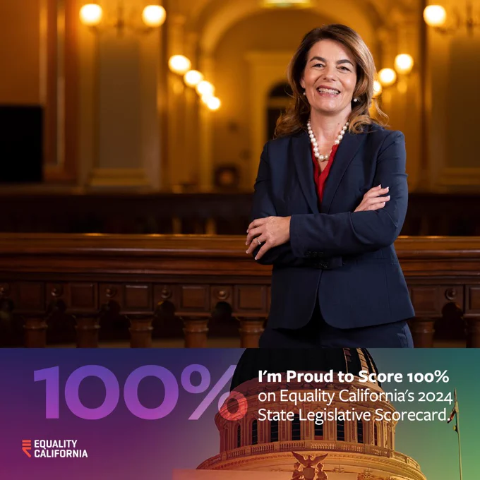 Photo of Assemblymember Addis with the words 100% Equality CA I’m proud to Score 100% on Equality California’s 2024 state legislative scorecard.