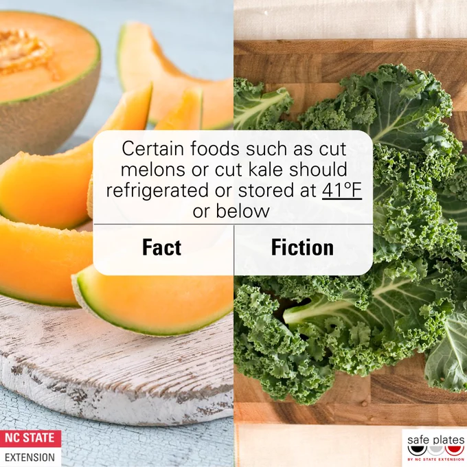 image content: 
1/4: Fact or Fiction? Certain foods such as cut melons or cut kale should refrigerated or stored at 41ºF or below 
2/4: Fact
3/4: Melons, especially varieties like watermelon, cantaloupe, and honeydew have high moisture content and natural sugars, which create an ideal environment for bacteria to grow. Once the protective rind is removed, the melon’s flesh is exposed to air and potential contaminants. Refrigeration can help slow down the growth of harmful bacteria like Salmonella and Listeria
4/4: While cut kale is not as prone to bacterial growth as high-moisture fruits, refrigeration still helps minimize the risk of contamination and the growth of harmful bacteria. Kale can spoil and become slimy if not kept cold. Refrigeration slows down the process of spoilage, extending the shelf life of the cut leaves.