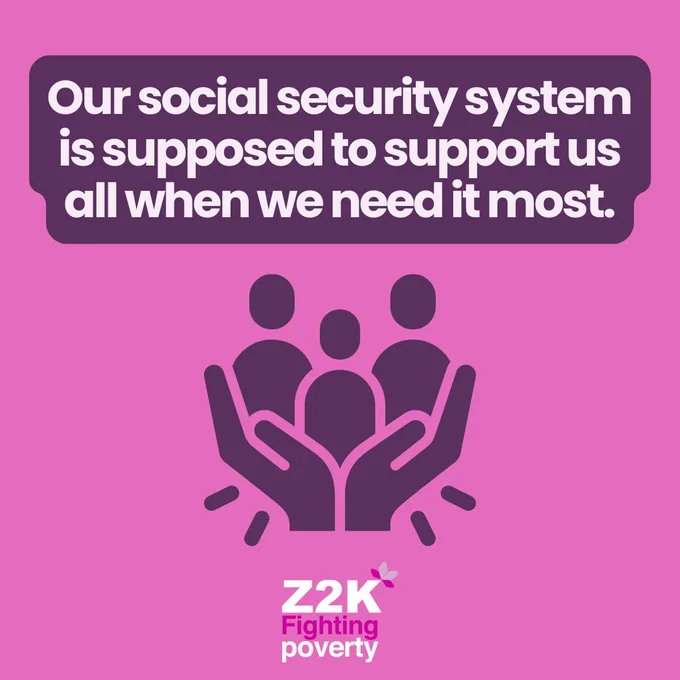 White text with purple highlighting on a pink background above an image of a pair of hands supporting three people reads "our social security system is supposed to support us all when we need it most"