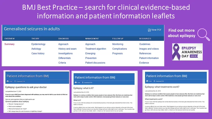 Screenshots of 3 patient leaflets to be found in BMJ Best Practice: Epilepsy: what is it?  Epilepsy: questions to ask my doctor, and Epilepsy: what treatment works? Also shown Topic screenshot: Generalized seizures in adults.  Search BMJ Best Practice for all the latest evidence-based information  for patient care - 