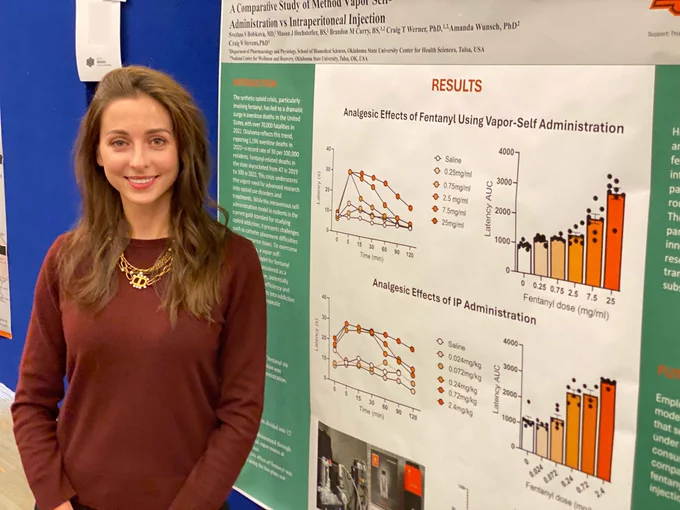 Svetlana Bobkova, M.D., M.S., a scientist at the National Center for Wellness and Recovery, stands next to her research poster featuring graphs and results on a novel vapor self-administration model for drug delivery.