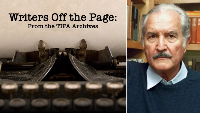Carlos Fuentes and the logo for Writers Off the Page
