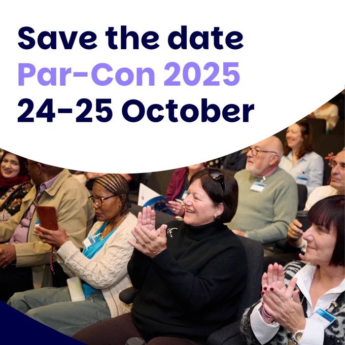 A white graphic with navy and purple text which reads: Save the date, Par-Con 2025, 24-25 October. There is an image showing people in the crowd at par-con and two ladies at the front are clapping whilst others are looking towards the front. 