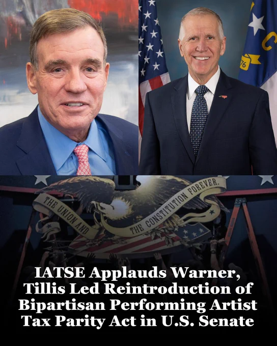 IATSE Applauds Warner, Tillis Led Reintroduction of Bipartisan Performing Artist Tax Parity Act in US Senate