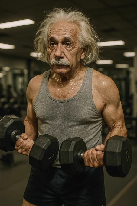 Prompt: A lifelike gym photo showing Albert Einstein lifting dumbbells, wearing a tank top and gym shorts. Sweat glistens naturally on his forehead. The lighting comes from overhead fluorescents, casting real shadows. The background includes blurred gym equipment. The photo has a raw and authentic vibe, like a candid shot during a real workout session.