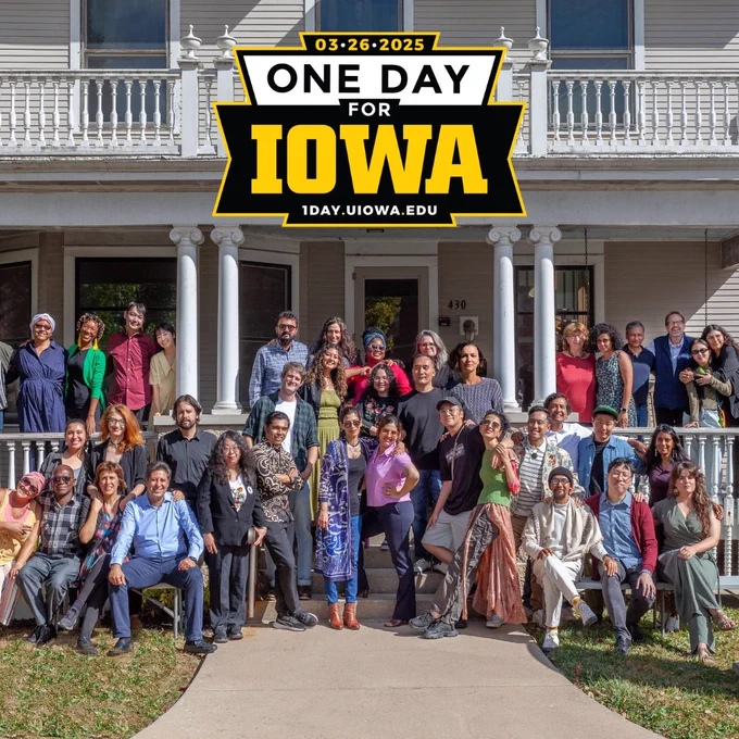 A photo of the 2024 Fall Residency cohort outside the Shambaugh House, with the One Day for Iowa logo superimposed.