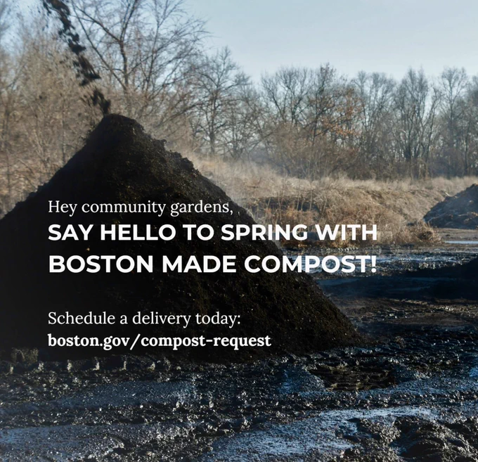 pile of dark brown compost on a City lot with text: say hello to spring with boston compost