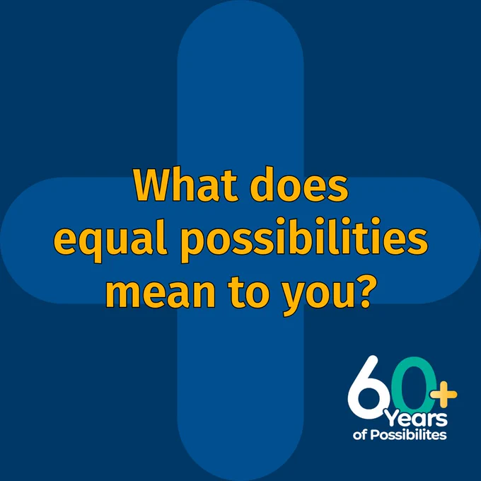 yellow text on blue background reading "What does equal possibilities mean to you?" with the 60  years of possibilities logo in the lower right corner.