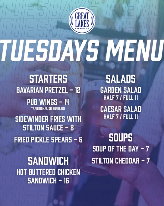 Great Lakes Brewing Co. Tuesdays-only menu, effective March 2025.