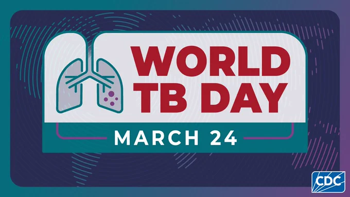 Promotional graphic for World TB Day on March 24, featuring an illustration of lungs, the CDC logo, and stylized text on a blue and purple background.