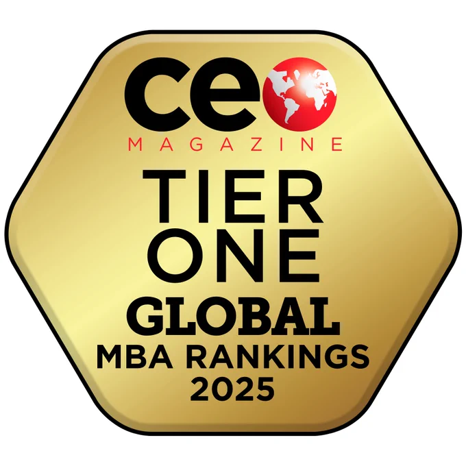 A gold badge saying: CEO magazine tier one, global MBA rankings 2025