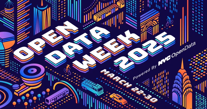 A vibrant digital illustration promoting Open Data Week 2025, featuring stylized New York City landmarks, vehicles, and cyclists in neon colors. The event is powered by NYC OpenData and takes place from March 22-30.