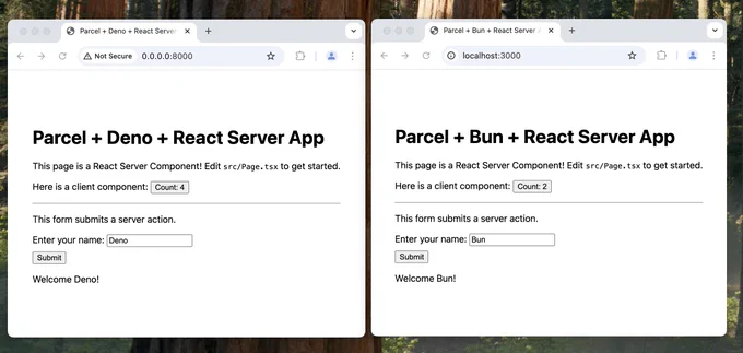 Screenshot of two chrome windows showing a Parcel   Deno   React Server App, and a Parcel   Bun   React Server App.