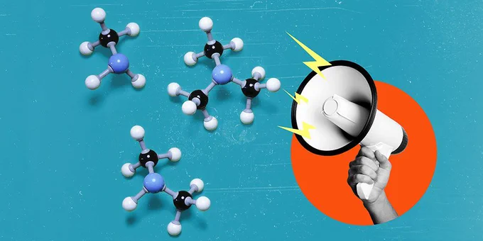 Blue background. On left are three molecular structures in blue, black and white. On right is a loudhailer held in a right hand on a red circle