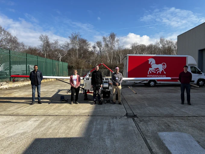 Pictured from left with the UAV: Daryl Badla, Windracers; Emily Arnold, CReSIS; Andreas Tøllefsen, Norce; Fernando Rodriguez-Morales, CReSIS;  Nick Jelev.
