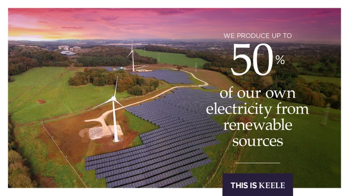 An aerial view of Keele University's renewable energy installations, including a wind turbine and solar panels, set in a rural landscape at sunset. Text overlay states 'We produce up to 50% of our own electricity from renewable sources. This is Keele.'