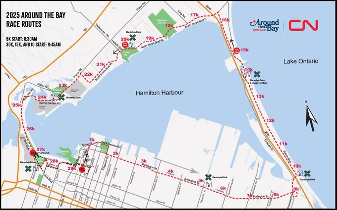 A road map indicating the Around the Bay Road Race route.