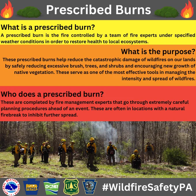 What is a prescribed burn?
A prescribed burn is the fire controlled by a team of fire experts under specified weather conditions in order to restore health to local ecosystems.

What is the purpose?
These prescribed burns help reduce the catastrophic damage of wildfires on our lands by safely reducing excessive brush, trees, and shrubs and encouraging new growth of native vegetation. These serve as one of the most effective tools in managing the intensity and spread of wildfires.

Who does a prescribed burn?
These are completed by fire management experts that go through extremely careful planning procedures ahead of an event. These are often in locations with a natural firebreak to inhibit further spread.